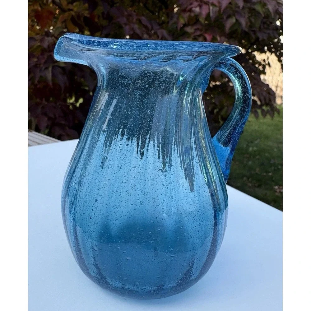 Vintage Aqua Blue Optical Ribbed Bubble Glass Mini Pitcher 4